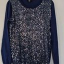 DKNY  Navy Silk and Cashmere Embellished Sequin Holiday Winter Sweatshirt, Small Photo 0