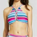 Vanilla Beach  Bikini Top High Neck Strappy Criss Cross Blue Pink Striped NWOT L Photo 1