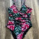 Beachsissi  NWT One Piece Swimsuit Size Large Black Pink Green Tropical Palm Photo 2