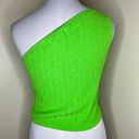 Free People Beach Mary One Shoulder Crop Top XS Green Ribbed Knit Linen Blend Photo 3