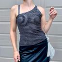 Cache  Y2K Vintage Silver Silk Metallic Ribbed Knit Asymmetrical Going Out Top XS Photo 3