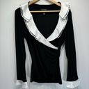 White House | Black Market  Black Wrap Blouse White Satin & Lace Collar & Cuffs M Photo 4