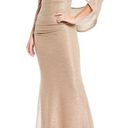 Betsy and Adam NWT Betsy Adam Drape Back Detail 3/4 Cape Sleeve Draped Round Neck Metallic Crinkle Ruched Sheath Gown in gold. Size 6. Photo 3