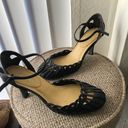 Nine West 90s/2000s  black vintage y2k roman hollow strappy cage cone curved round toe basket weaving fisherman maryjane heeled pumps 100% genuine leather Photo 0