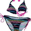 Vintage y2k 00s neon stripe hibiscus flower string triangle bikini size xl Photo 0