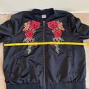 cupio  Floral Embroidered Bomber Jacket Satin Black Womens Size L Full Zip Retro Photo 9