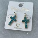 NWT Chic & Chic shimmering druzy quartz cross in turquoise blue earrings. Photo 0