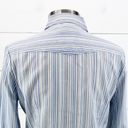 Arden B  Womens L Split Neck Blue Stripe Button Up Blouse Career Blue Tan White Photo 5