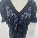 Vintage 80s Silk Beaded Sequined Butterfly Top V Neck Pullover Cropped Black M Size M Photo 3