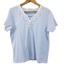 Daisy Shenanigans Womens M  T-Shirt Short Sleeve Blue White Striped Embroidered Photo 0