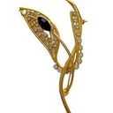 None Abstract Gold‎ Tone Brooch with Rhinestone and Onyx Accents Leaf Bird Wing Photo 0