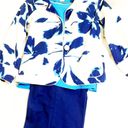 Lovely 3pc Floral Jacket, Top & Wide Leg Pant Suit Blue Size 12 Photo 2