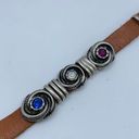 Leather Gemstone Silver tone Chunky Bracelet, size 6” Photo 1