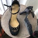 Nine West 90s/2000s  black vintage y2k roman hollow strappy cage cone curved round toe basket weaving fisherman maryjane heeled pumps 100% genuine leather Photo 2