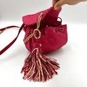 Henri Bendel  Small Drawstring Bucket Crossbody Tassel Fish Leather Emboss Pink Photo 7