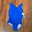 DKNY  Ruffle Plunge Underwire Tummy Control One-Piece Swimsuit Blue size 16 NWT Photo 1