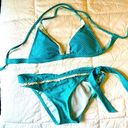 Y2K Vintage 90s Blue Polka Dot String Bikini Size Medium White Ruffle Photo 0