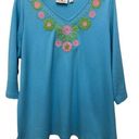 Quacker Factory  Embroidered Floral V Neck Size 1X 3/4 Sleeves Blue Photo 0