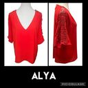 Alya  Red Blouse With V-Neck and 3/4in Bell Sleeve with Filagree Lace Pattern Dow Photo 1