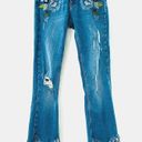 ZARA  Embroidered Midrise Mini Flare Leg Distressed Cropped Denim Jeans Size 2 Photo 2