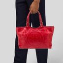 Tory Burch  Red Leather Embossed Logo Double Handle Shoulder Bombe Tote Handbag Photo 1