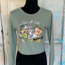 Looney Tunes Women Thats All Folks Graphic Long Sleeve Green Crop Top Sz Medium Photo 0