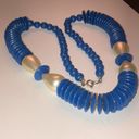 Vintage Blue  & Faux Pearl Disc Beaded Chunky Retro Boho Necklace Photo 3