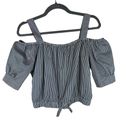 Sans Souci  Gray White Striped Cropped Off Shoulder Short Sleeve Button Up Top M Photo 1