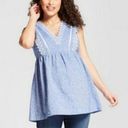 Isabel Maternity  Blue Chambray Linen V-neck Boho Embroidered Top Photo 1