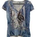 Alberto Makali  Blue White Brown Embroidered Beaded Geometric Short Sleeve Top XL Photo 2