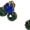 Vintage Blue  And Green Earrings, Gold Tone Clip On Faceted Plastic Glitter Beads Photo 4