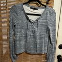 White House | Black Market  CROP Shirt Top Tie Neck Heathered Blue XXS Photo 0