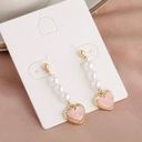 925 Silver Post Pink Heart Pearl Dangle Drop Earrings for Women Gold Photo 0