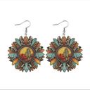 Sunflower shaped pendant drop‎ leopard pattern wooden hook earrings Photo 0