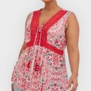 Torrid  Babydoll Crinkle Gauze Crochet Inset Lace-Up Top Red Floral Size 1X Photo 0