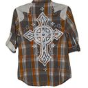 Affliction  Black Premium Diamond Snap Western Shirt Size Small Orange Plaid Photo 7