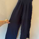 Navy Blue Wide Leg Waffle Knit Linen Pants Photo 0