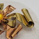 Vintage Two Tone Copper & Gold Ribbon Flower Brooch Pin Yellow Faux Pearl Stone Photo 8