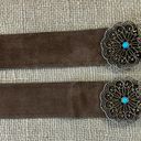 Vintage Brown Suede Leather Belt With Brass & Turquoise Buckle S Photo 11