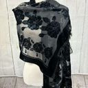 Gothic Black Sheer Velour Velvet Floral Fringe Scarf Photo 1