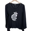 Brooks Karen  Black Silver Sequin Cat High Low Hem Scoop Neck Blouse Size Large Photo 0