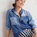 Anthropologie Pilcro Shirt Button Up Denim Chambray Patchwork Long Sleeve Blue M Photo 0