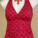 L.L.Bean  Tankini Swim Top Tie Neck Coral And Blue Geometric V Neck Sz 10 Photo 0