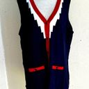 Bob Mackie Vintage  Sweater Vest Wearable Art Navy Red Zig Zag White Stripe sz L Photo 5