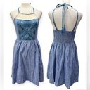 Flying Tomato NEW  Denim Blue Striped Paisley & Lace Ruched Back Halter Dress M Photo 1