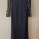 Badgley Mischka  Evening Gown Navy Blue Silver Accents Mesh Sleeves V-Neck Size 4 Photo 0