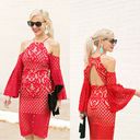 Bardot  Mila Lace Dress Cold Shoulder Flare Sleeve Halter Neck Red Cut Out Back 4 Photo 1