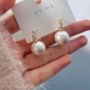 Elegant White Pearl Drop Dangle Hoop Earrings for Women Gold Photo 1