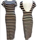 RD Style NEW  Navy & Beige Striped Open Back Cap Sleeve Fitted Maxi Dress Small Photo 1