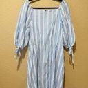 Ann Taylor  Blue + White Puff Sleeve Wrap Tie Detail Mini Dress Size Medium Photo 4